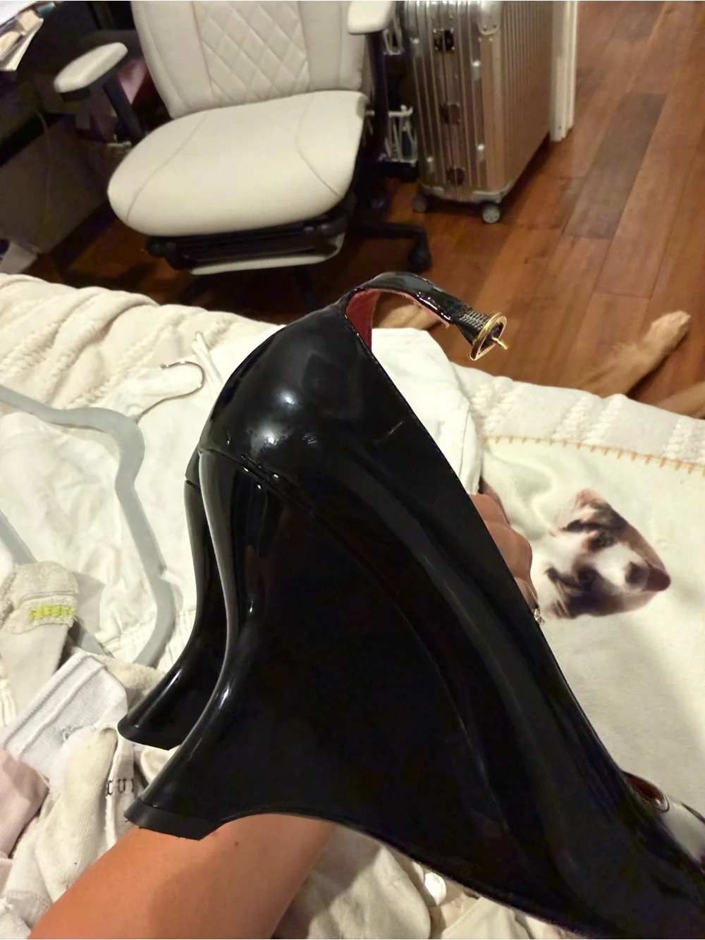 Reformation Black Patent Peep-Toe Wedge Heels with Red Interior